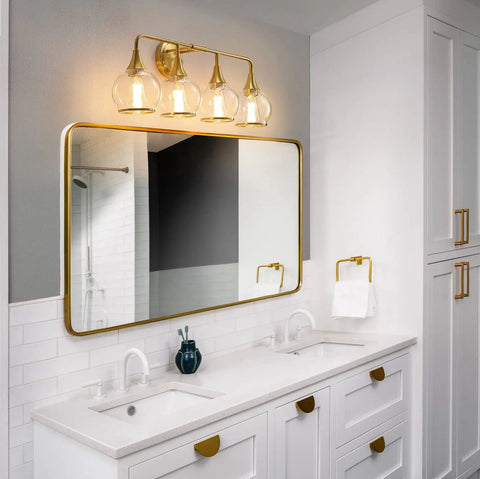 Hot Gold 4 Light Vanity Light Fixture Over Mirror With Clear Glass Globe Shades 30.7 Inch Wall Sconce Bath Lighting in bathroom