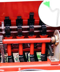 Seed Spreader Tube For Corn Planters 1 Set Plastic Seeder Replacement Tube installed on a red planter machine with close-up detail.
