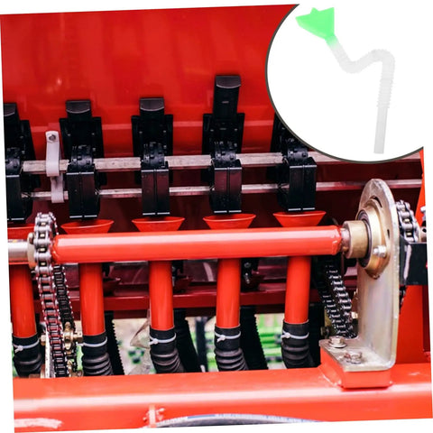 Seed Spreader Tube For Corn Planters 1 Set Plastic Seeder Replacement Tube installed on a red planter machine with close-up detail.