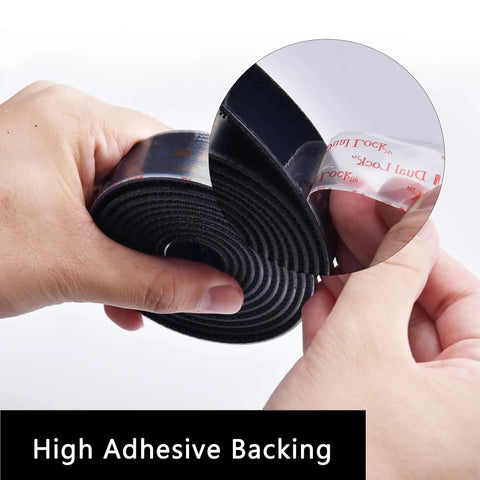 Heavy Duty Reclosable Fastener Tape In Black, showing high adhesive backing, ideal for toolboxes and quick fixes.