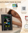 Wireless Indoor Outdoor Weather Station with Thermometer and Humidity Monitor showing temperature and humidity on a nightstand.
