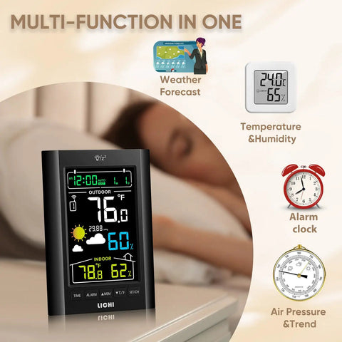 Wireless Indoor Outdoor Weather Station with Thermometer and Humidity Monitor showing temperature and humidity on a nightstand.