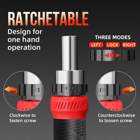 Ratcheting Screwdriver Set 26 In 1 With Double Ended CRV Bits Magnetic Demagnetizer showing modes for quick tool changes.