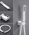 White Shower System With High Pressure Rain Shower Head 12 Inch, Handheld Shower Head, wall mount bracket, and hose details.