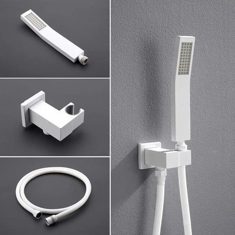 White Shower System With High Pressure Rain Shower Head 12 Inch, Handheld Shower Head, wall mount bracket, and hose details.