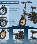 Foldable Electric Bike For Adults And Teens With 750W Peak Motor, front and rear shocks, 14-inch design, and safety features