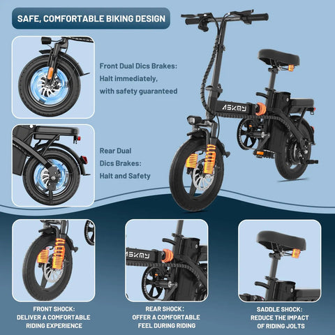 Foldable Electric Bike For Adults And Teens With 750W Peak Motor, front and rear shocks, 14-inch design, and safety features