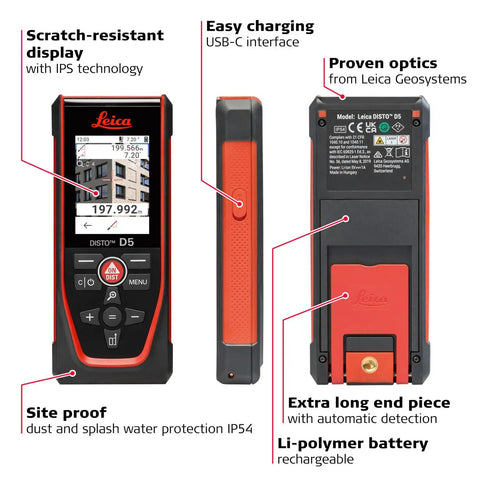 Pro Grade Laser Distance Meter D5 With 650 Ft Range Bluetooth Data Transfer 4X Camera Zoom Viewfinder Pointfinder Remote Measuring Smart Horizontal Alignment Add Subtract End Piece Hand Loop And Pouch, front and back views