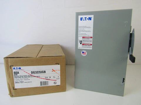 Rugged 240V Safety Switch 3PST 60 Amp AC Industrial Disconnect with box, grey enclosure, product label visible.