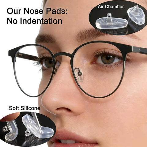 Close-up of glasses with Five Pairs Silicone Eyeglass Nose Pads With Air Chamber All-Day Comfort, screw-in, anti-slip clear pads.