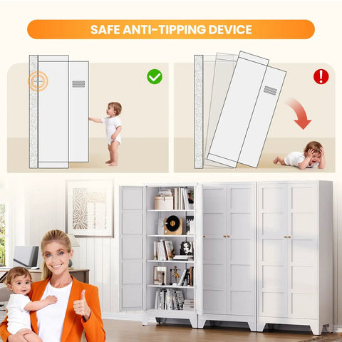71 Inch Tall White Freestanding Kitchen Cabinet With Two Doors And Four Adjustable Shelves Ultra Durable Pantry Storage Cabinet shown demonstrating safe anti-tipping device with child.