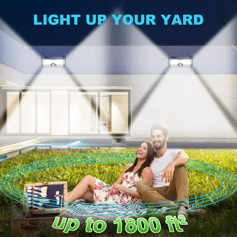 Ultra Bright Solar Outdoor Lights With 358 LEDs And Up To 3000 Lumens, Motion Sensor Floodlight illuminating a yard up to 1800 sq ft