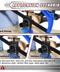 Adjustable Bike Saw Guide For Forks, Steerers, Seat Posts And Tubes For Carbon Fiber, Aluminum, Titanium And Steel Tubes shown in use for cutting bike parts.