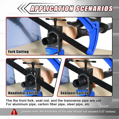 Adjustable Bike Saw Guide For Forks, Steerers, Seat Posts And Tubes For Carbon Fiber, Aluminum, Titanium And Steel Tubes shown in use for cutting bike parts.
