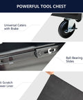 Detailed view showing universal casters, ball-bearing slides, and anti-scratch drawer liner of Four Drawer Tool Cart With Wheels Lockable Removable Cabinet Storage Organizer For Mechanics Garage And Workshop Durable Steel Trolley With Ball Bearing Drawers For Smooth Opening.