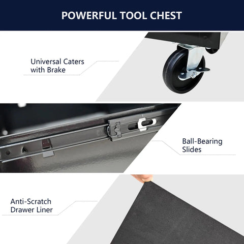 Detailed view showing universal casters, ball-bearing slides, and anti-scratch drawer liner of Four Drawer Tool Cart With Wheels Lockable Removable Cabinet Storage Organizer For Mechanics Garage And Workshop Durable Steel Trolley With Ball Bearing Drawers For Smooth Opening.