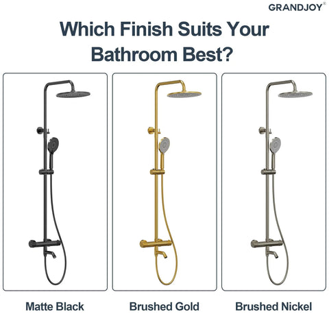 GRANDJOY Exposed Tub and Shower System with Handheld Spray, Matte Black displayed with brushed gold and brushed nickel finishes.