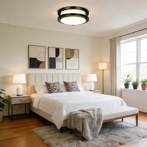 Bedroom interior with Ultra Bright 24W LED Ceiling Light Fixture 10 Inch Flush Mount, illuminating with 5000K daylight white.