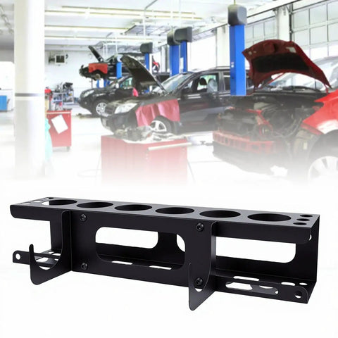 Caulking Gun Holder Wall Mount Rack With Storage For One Gun Six Tubes And Six Nozzles in an auto repair workshop