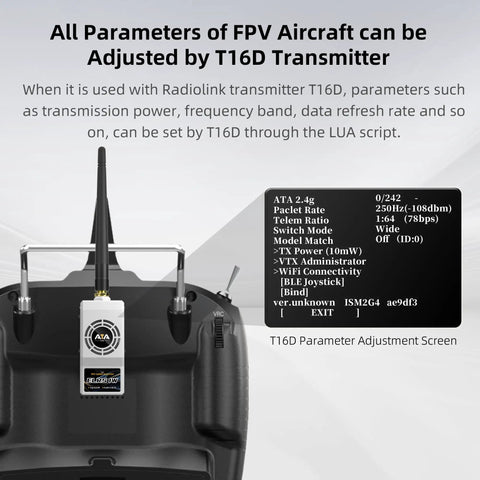 ELRS Nano 2.4GHz Long Range FPV Transmitter Module on T16D with adjustment parameters screen