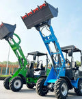 Badass Heavy Duty Telehandler Forklift With 4WD Drive System For High Reach Telescopic Lifting Over Rough Terrain At Construction Jobsites For Contractors, green and blue design, raised buckets.