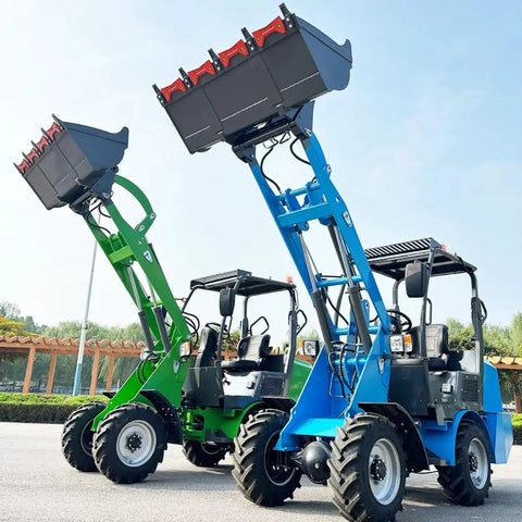 Badass Heavy Duty Telehandler Forklift With 4WD Drive System For High Reach Telescopic Lifting Over Rough Terrain At Construction Jobsites For Contractors, green and blue design, raised buckets.