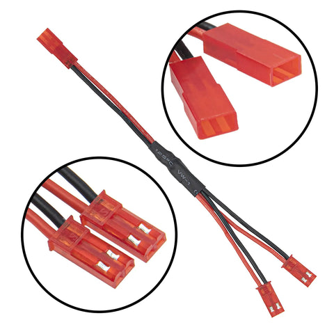 3Pcs JST Plug Splitter Y Harness Cables for RC Cars and Drones with 1 Female to 2 Male connectors, black and red wires.