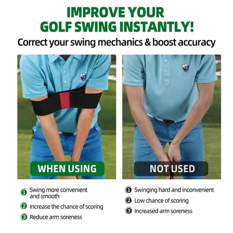 Portable Golf Swing Trainer Set Two Pack For Beginners showing arm band use versus not used for swing correction and improvement.