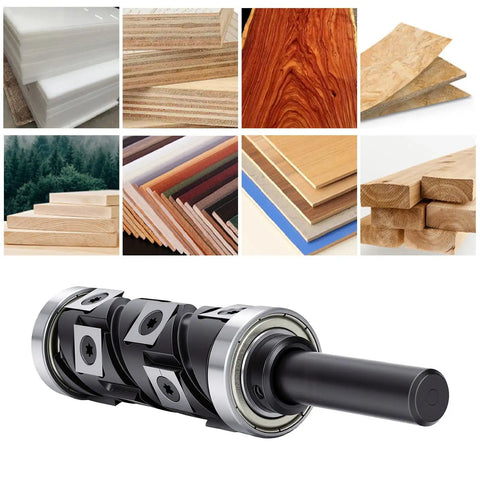 Aolidsive Flush Trimming Router Bit With Reversible Carbide Insert And Precision Bearing For Zero Deviation Cuts On Mdf, Hdf & Plywood Panels Featuring 1/2 Inch Shank with various wood types.