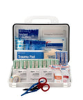First Aid Only 9301-25P 25-person kit, front view; 178 pieces with bandages, trauma pad, gloves, tape, scissors