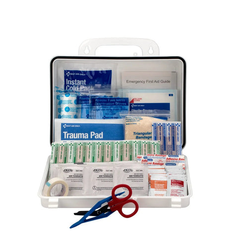 First Aid Only 9301-25P 25-person kit, front view; 178 pieces with bandages, trauma pad, gloves, tape, scissors