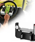 Flip Up Golf Cart Steering Wheel Phone Mount With 360 Adjustable Smartphone Holder and Clever Scorecard Slot in use on steering wheel.