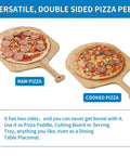 Bamboo Pizza Peel With Double Sided Design For Even Pizza Prep, showcasing raw and cooked pizza on lightweight wooden paddle