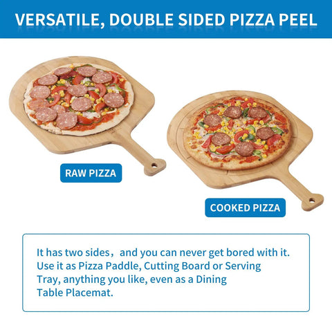 Bamboo Pizza Peel With Double Sided Design For Even Pizza Prep, showcasing raw and cooked pizza on lightweight wooden paddle