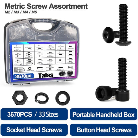 Kick Ass 3670 Pieces Metric Bolt Assortment Kit Featuring Tough As Nails Grade 12.9 Steel Socket Head Screws and washers in organized box.