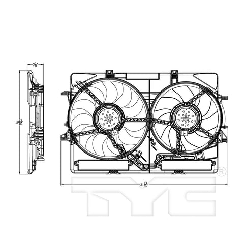 Audi Replacement Cooling Fan Assembly With Oe Direct Swap Motor Heat Resistant And Tough Build Silent Operation Straight Plug And Play Fix Black Finish Part 622940 top view with dimensions shown