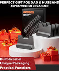 40 Piece Modular Wrench Organizer Set For Drawer Storage With Metric And SAE Labels, shown with packaging and gift boxes.