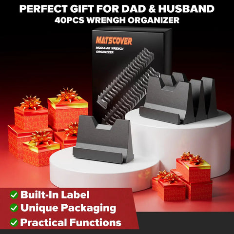 40 Piece Modular Wrench Organizer Set For Drawer Storage With Metric And SAE Labels, shown with packaging and gift boxes.