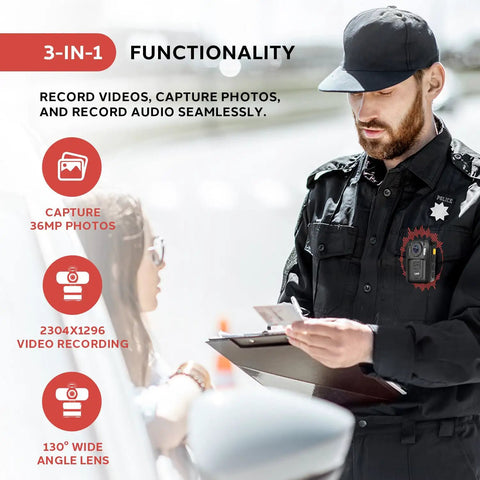 Police officer using Police Security Video Compact Camera Wearable HD 2304x1296p Rechargeable Wireless Waterproof Mini Surveillance Cam
