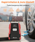 All In One Jump Starter With Air Compressor Portable 12V Battery Pack inflating car tire in urban setting