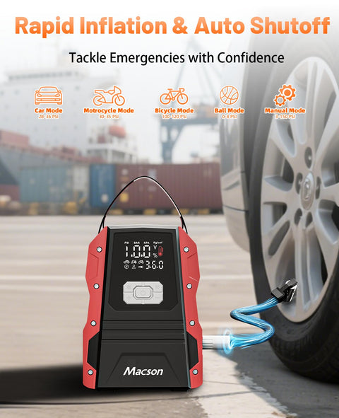 All In One Jump Starter With Air Compressor Portable 12V Battery Pack inflating car tire in urban setting