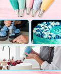Next Level Cake Decorating Kit Featuring Hella Durable Anti Burst Piping Bags Stainless Steel Frosting Tips Set And Reusable Pastry Supplies For Baking Like A Champ Zero Worries in use on cupcakes and cakes.