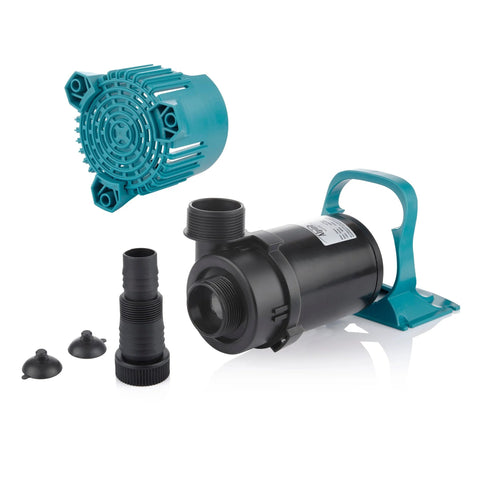 Alpine PEG3000 3000 GPH submersible pond pump kit; black pump body with teal accents and fittings