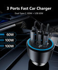 Game Changing 200W Car Charger With Triple Port USB C Adapter And PD 3.0 Fast Charging, showing dual 100W and 60W ports.