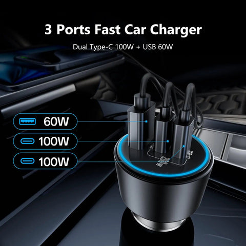 Game Changing 200W Car Charger With Triple Port USB C Adapter And PD 3.0 Fast Charging, showing dual 100W and 60W ports.