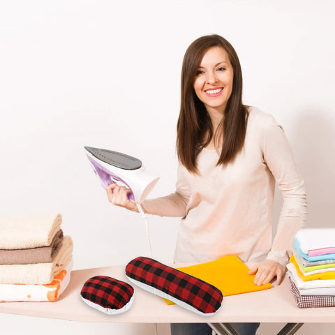 Woman using Go To Tailor Pressing Ham And Sleeve Roll Set For Pro Sewists Slick Ironing Cushion With Plush Linen Fill.
