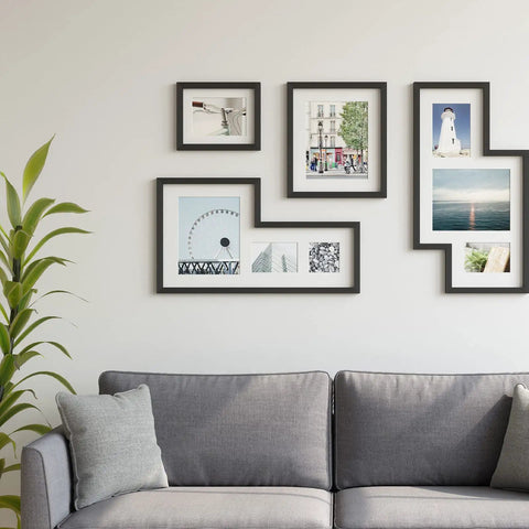 Peel And Stick Molding And Wall Trim Set For DIY Home Decor On Cabinets Doors Mirrors And Frames Self Adhesive No Mess Easy Install Non Toxic 16.4 Ft Long By 0.8 In Wide shown in living room wall decor with photo frames above sofa.