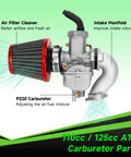 PZ20 Carburetor Kit With Ignition Coil Starter Relay Voltage Regulator And CDI Box For 50cc To 125cc Chinese ATVs, shown with air filter and intake manifold.