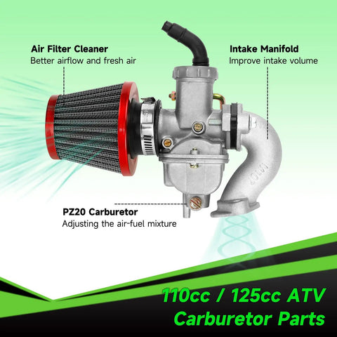 PZ20 Carburetor Kit With Ignition Coil Starter Relay Voltage Regulator And CDI Box For 50cc To 125cc Chinese ATVs, shown with air filter and intake manifold.