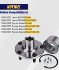 Front Wheel Bearing And Hub Assembly 518509 Compatible With ES300 RX300 Camry Avalon Sienna Solara And Toyota Models Front 5 Lug Bolts No ABS Replaces Front Wheel Hub Unit Fits Your Ride 1992-2004 shown with components and compatibility list